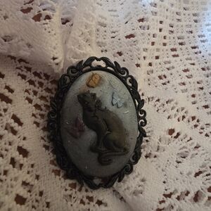 Ladies Handmade Cat & Butterfly Cameo Brooch. Made From Resin/ Black Metal Frame